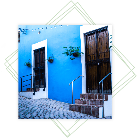 Vibrant blue wall with two wooden doors.